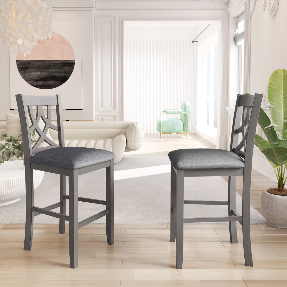 3 Piece Round Counter Height Dining Table Set with Drop Leaf and 2 Chairs G153