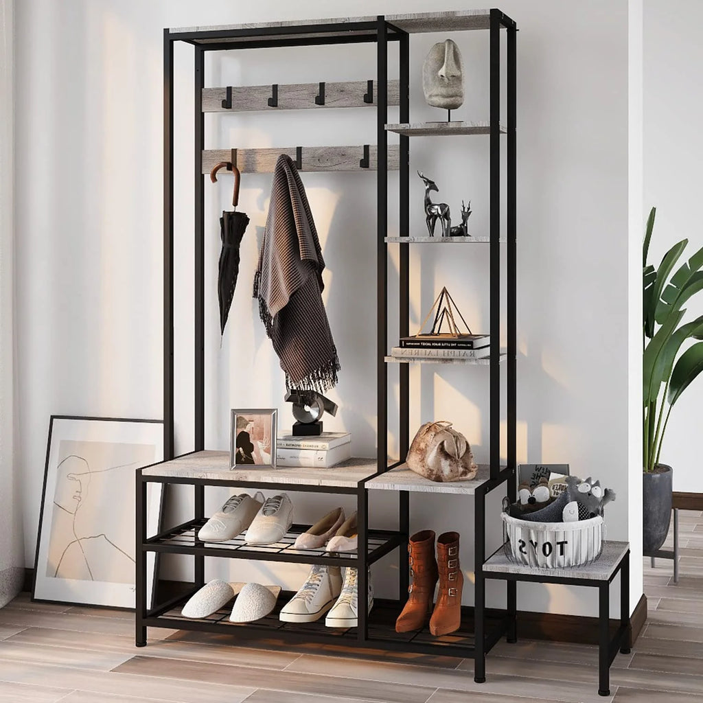 Hall Tree with Shoe Storage Bench, Coat Rack with 7 Hooks, 4 Tier Side Shelves K180