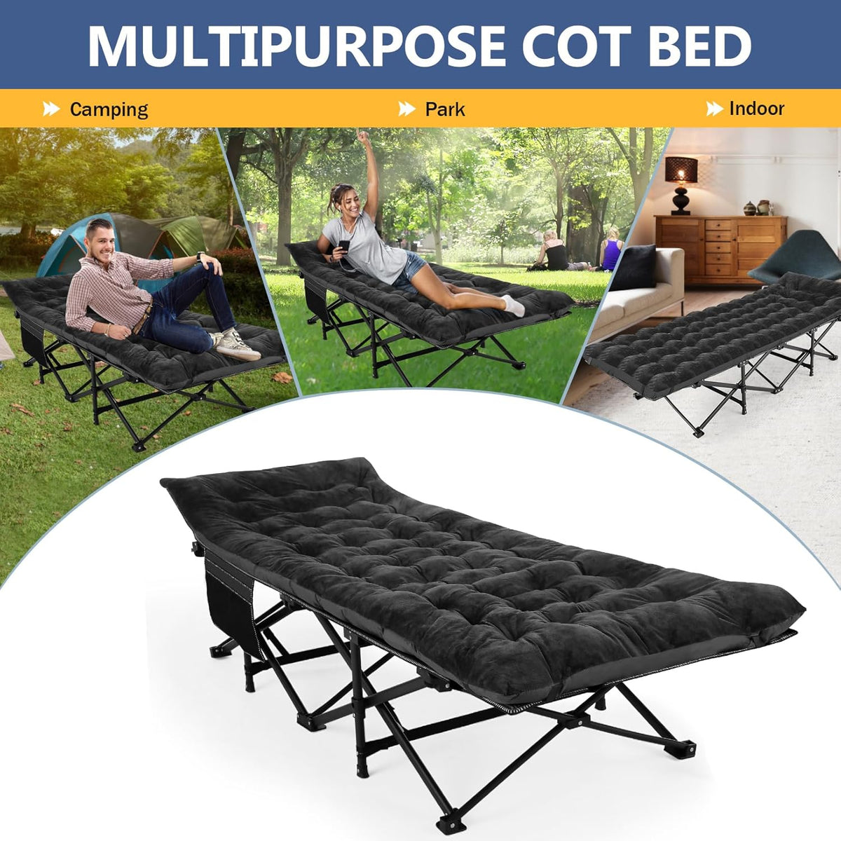 Folding Camping Cot with Carry Bag Black I465416