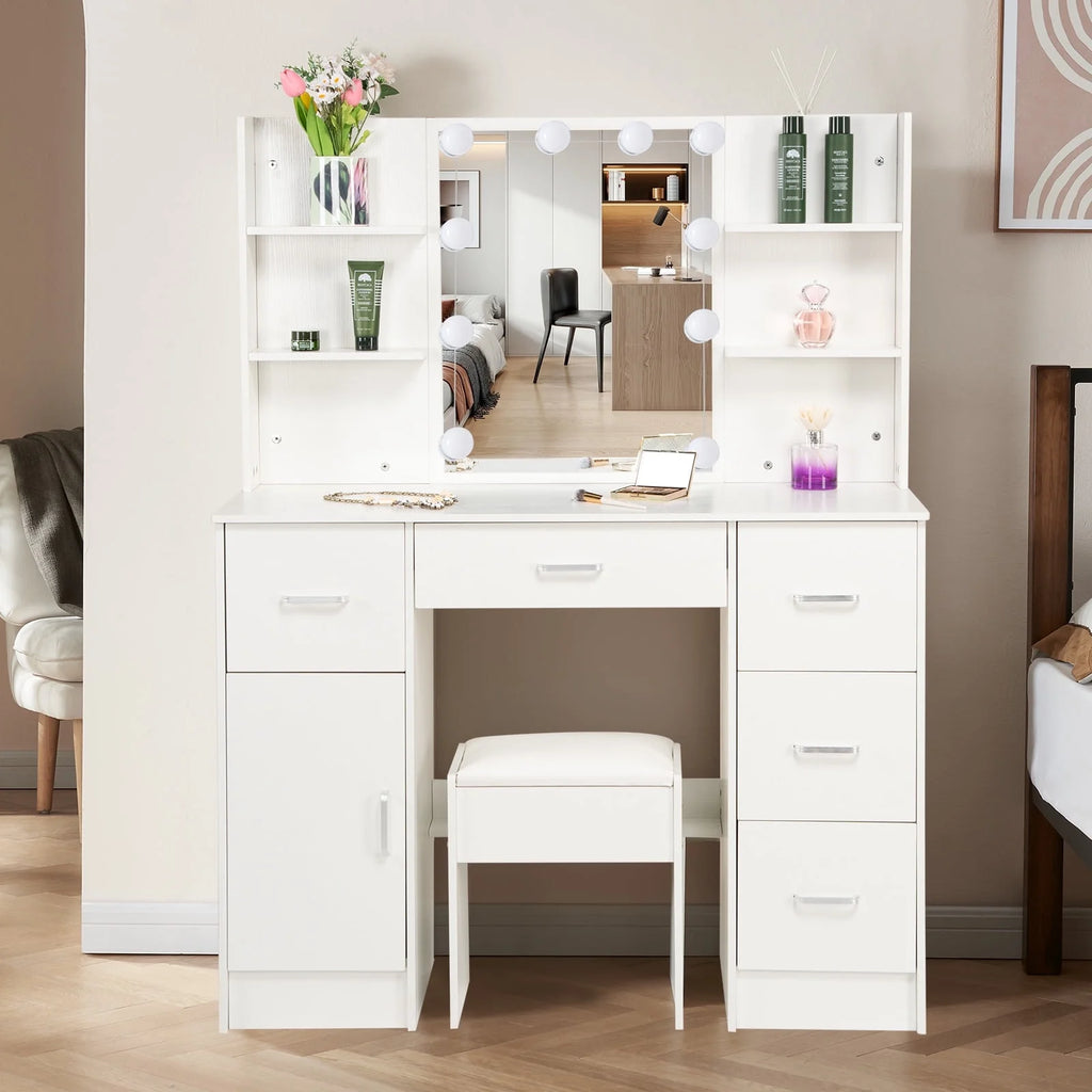 White Makeup Vanity Set with Mirror and Lights W201