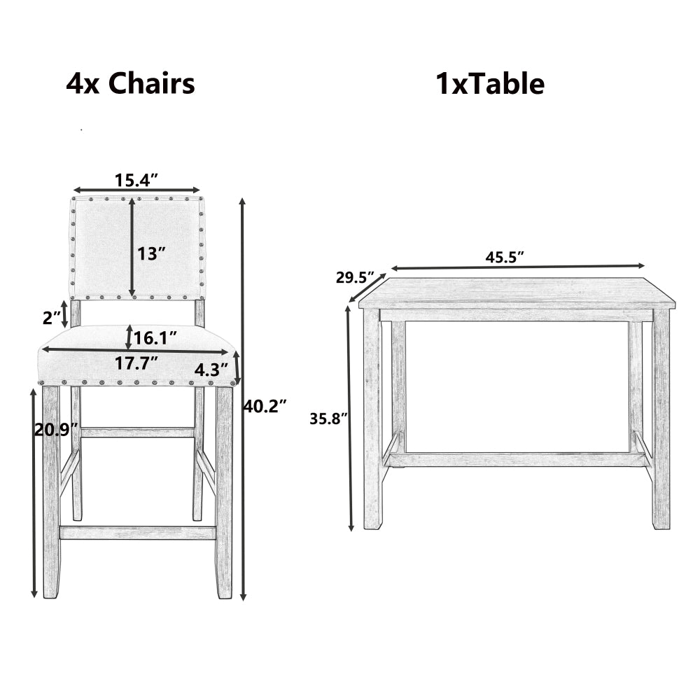 5 Piece Rustic Wooden Counter Height Dining Table Set with 4 Upholstered Chairs J984209
