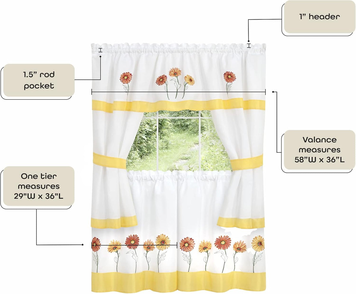 Embellished Cottage Window Curtain Set - 58 Inch Width, 36 Inch Length - Light Filtering Drapes K7056