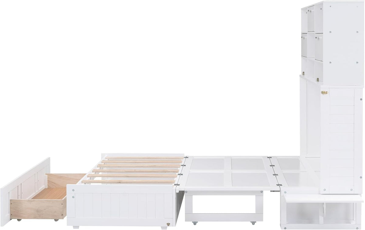 White Queen Murphy Bed Cabinet with Bookcase and Drawer P61752