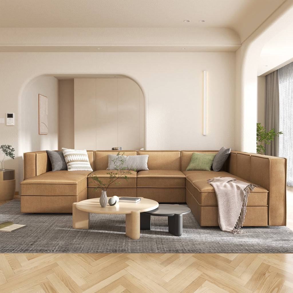 Caramel Brown U Shaped 7 Seaters Convertible Sectional Sofa Couch with Ottoman E2307