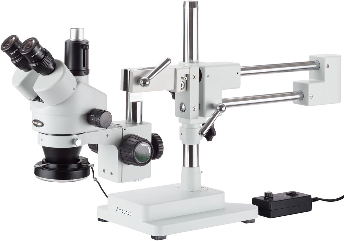 7X-45X Simul-Focal Stereo Zoom Microscope on Dual Arm Boom Stand with 144-LED Ring Light J52483