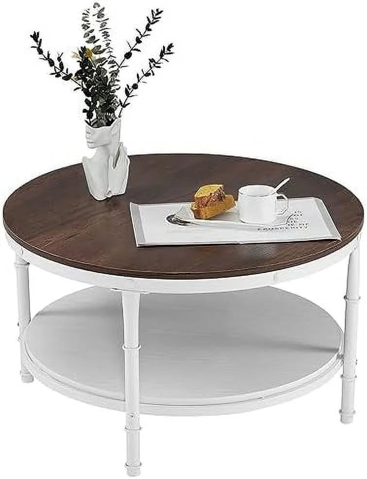 31.5" Rustic Oak White Round 2-Tier Wood Coffee Table Y612