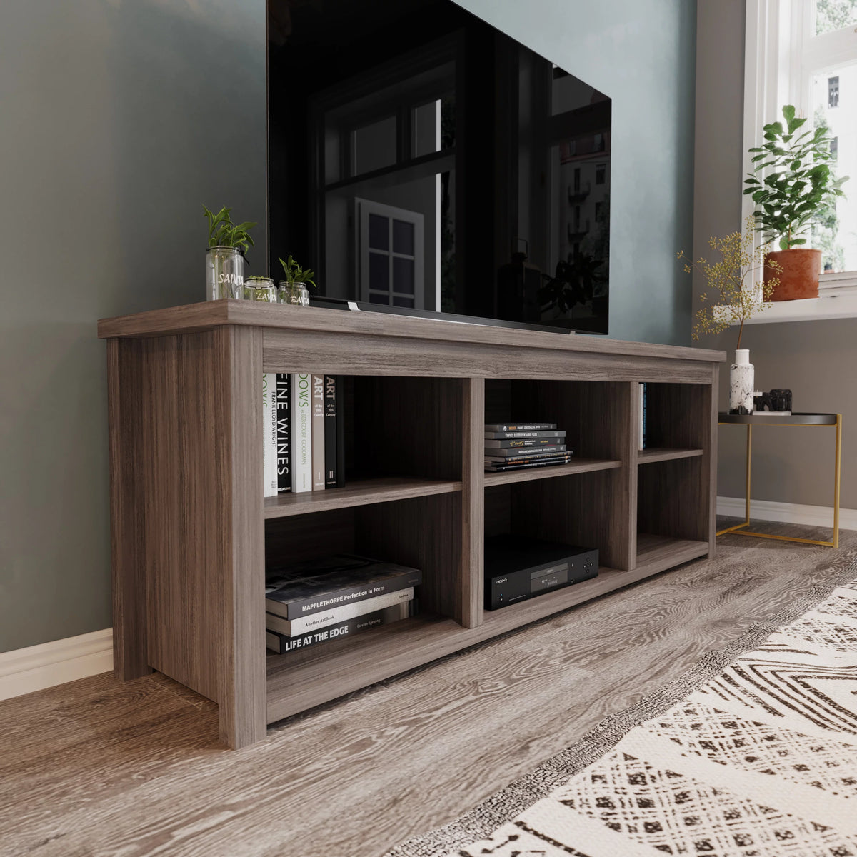 Gray Wash Oak Finish 65" Media Console with 6 Open Storage Shelves W7107