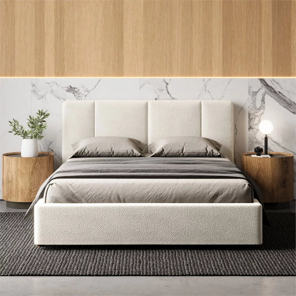 Queen Bed Cream Beige Boucle Fabric Y254333