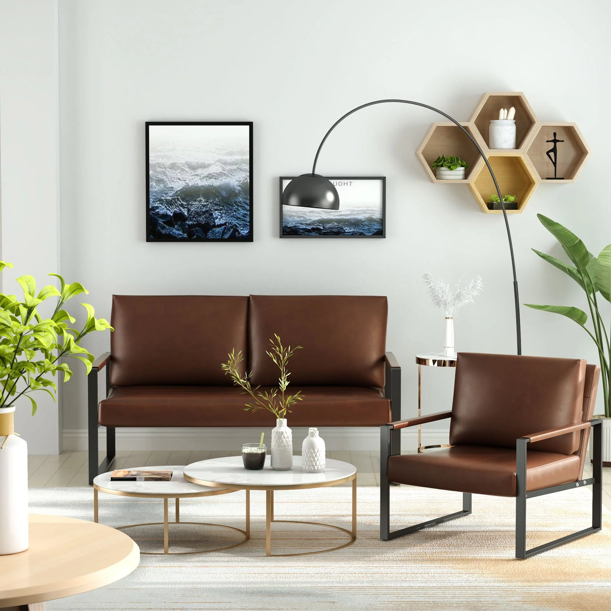 Gray 3-Piece PU Leather Sofa Set Including 2 Armchairs and 1 Loveseat P558329
