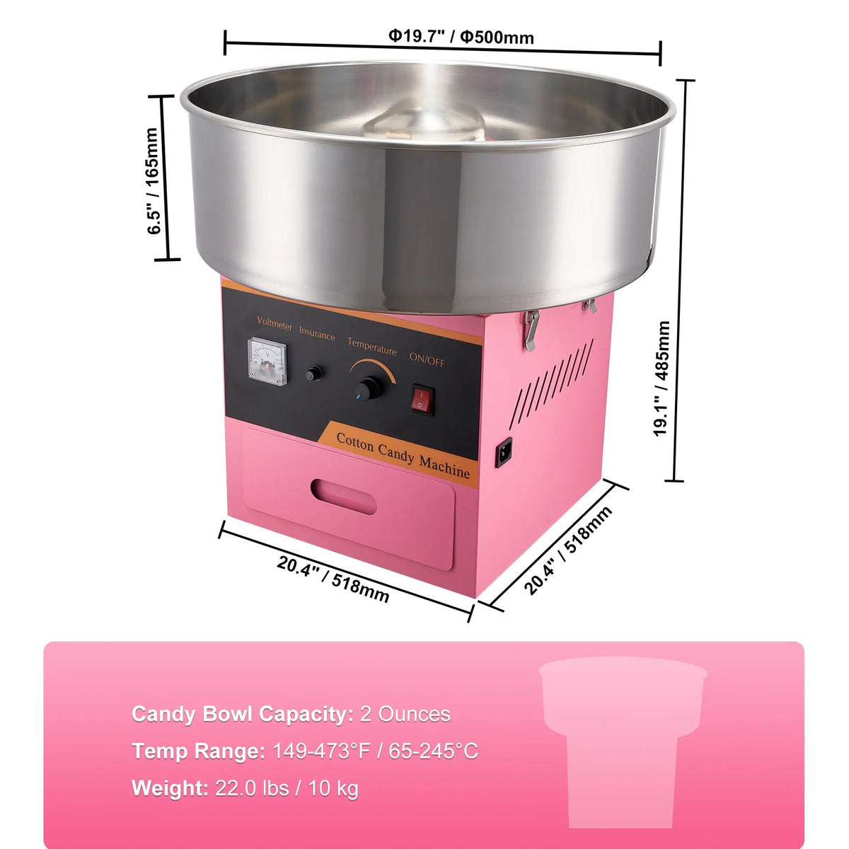 Cotton Candy Machine 21 Inch Stainless Steel Bowl Electric Candy Floss Maker K277