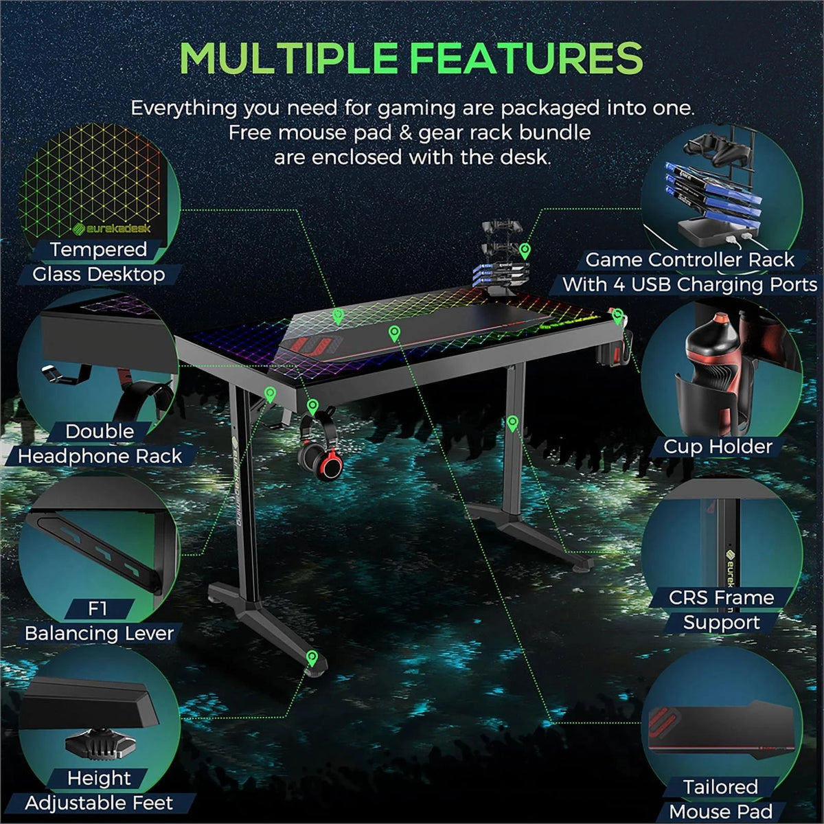 Black Metal Gaming Desk with Tempered Glass Top C435655