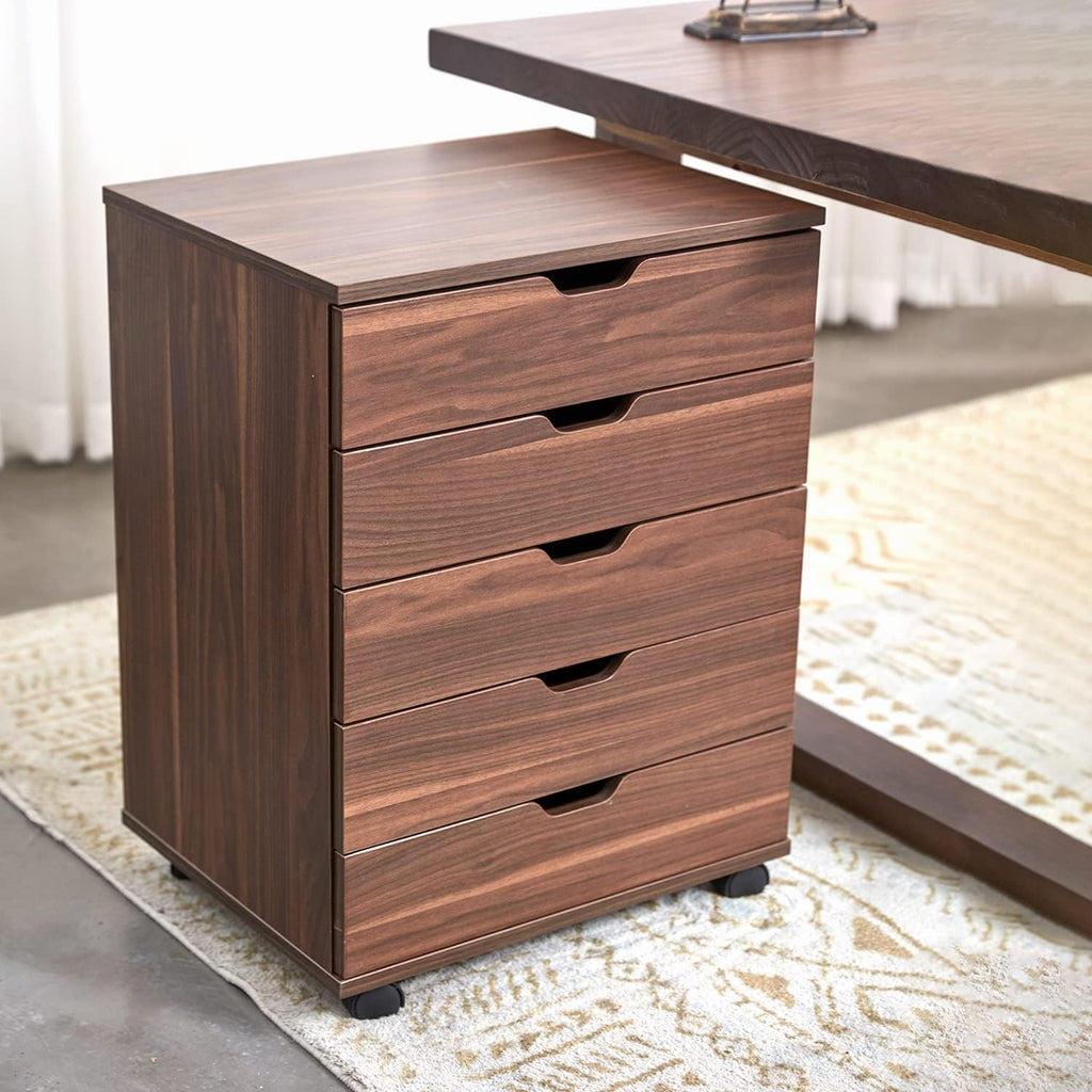 Walnut 5 Drawer File Cabinet with Casters I564