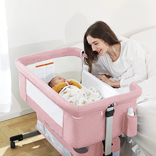 Pink Baby Bassinet Bedside Sleeper with Storage Basket D3794