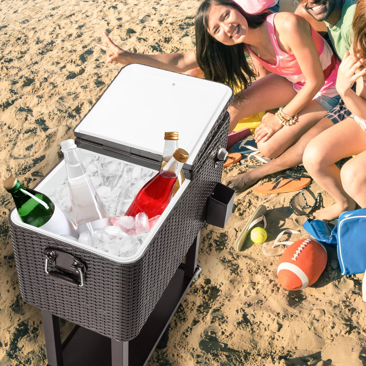 80 Quart Rolling Ice Chest on Wheels, Dark Brown Wicker Beverage Cart A37978