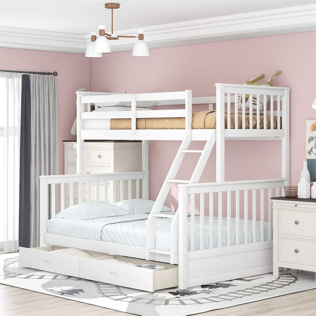 White Twin Over Twin/Full Bunk Bed with Storage Drawers D161