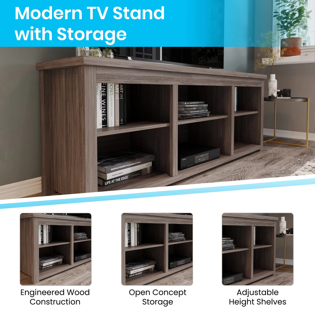 Gray Wash Oak Finish 65" Media Console with 6 Open Storage Shelves W7107