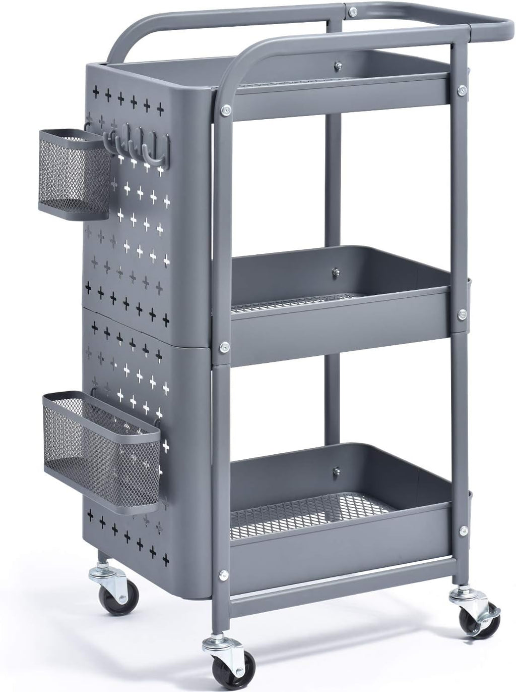 3-Tier Metal Rolling Cart with Pegboard U3593