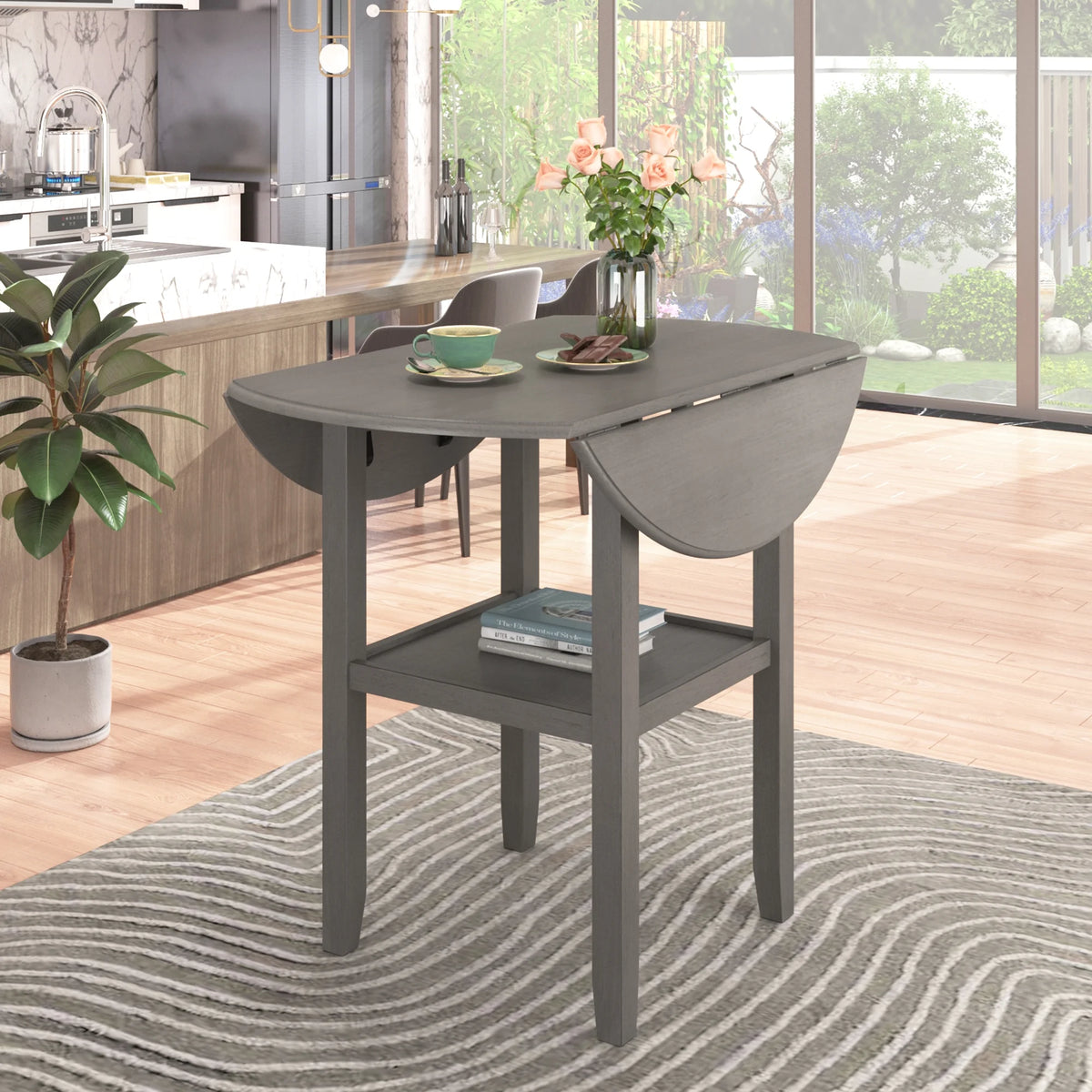 3 Piece Round Counter Height Dining Table Set with Drop Leaf and 2 Chairs G153