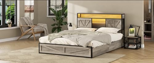Queen Size Bed Frame with 4 Drawers LED Light, Wash Grey M11765