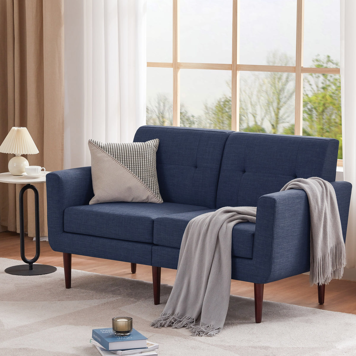 Blue Button Tufted Fabric Loveseat P38625
