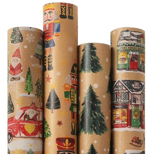 4 Rolls 30 x 120 inch Brown Kraft Christmas Wrapping Paper F943646