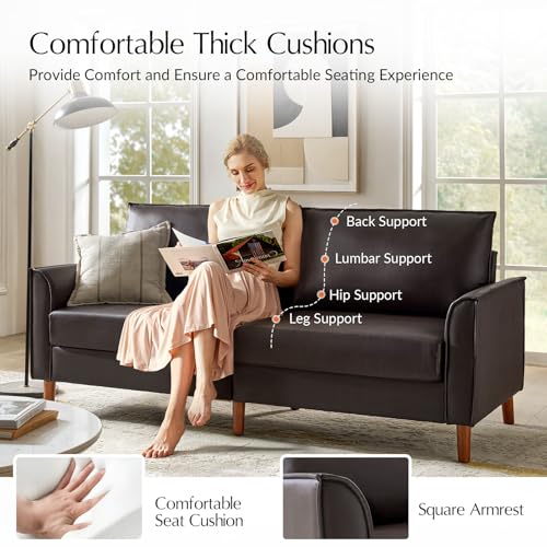 Brown Faux Leather 3-Seater Sofa with Solid Wood Legs S514