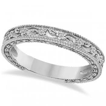 14K White Gold Carved Floral Wedding Band P71864