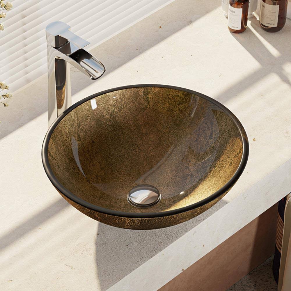 Foil Undertone Glass Vessel Sink with Antique Bronze Vessel Faucet B471946