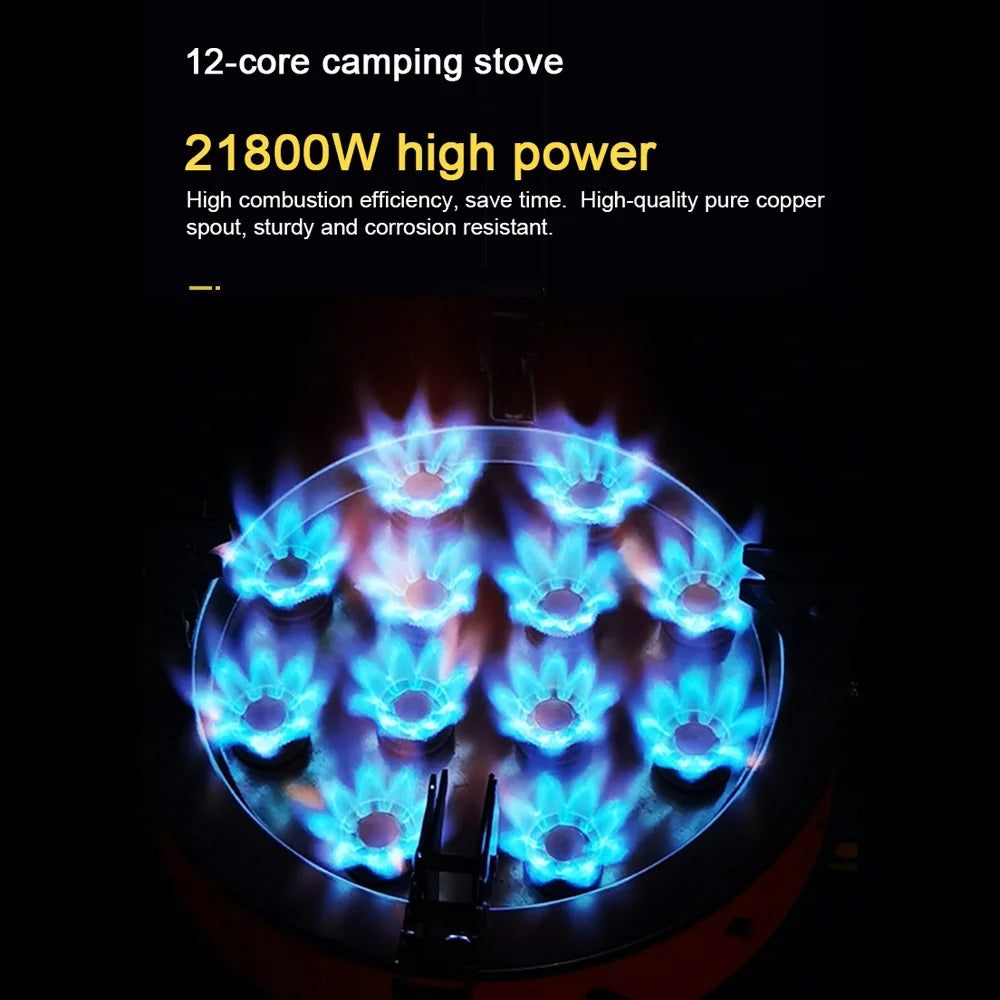 12-Core High-Power Windproof Camping Gas Burner with Piezo Ignition Adjustable Valve Storage Bag Q737