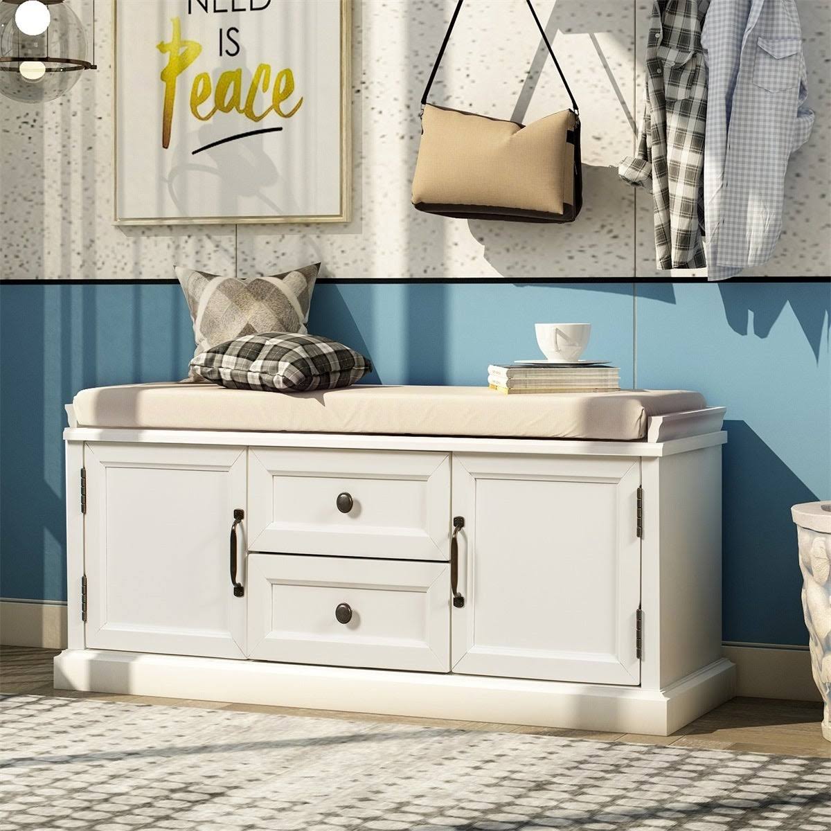 White Storage Bench with 2 Drawers and 2 Cabinets J3556