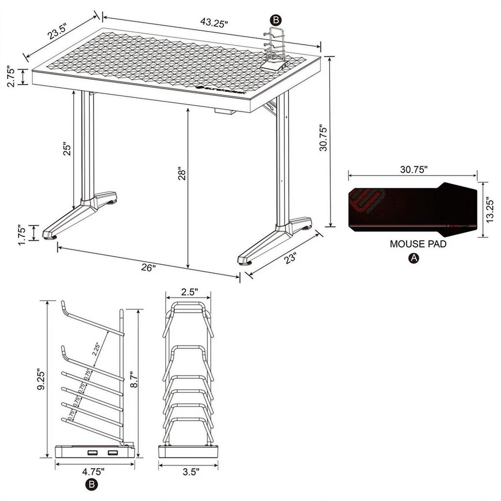 Black Metal Gaming Desk with Tempered Glass Top C435655