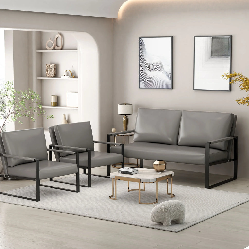 Gray 3-Piece PU Leather Sofa Set Including 2 Armchairs and 1 Loveseat P558329