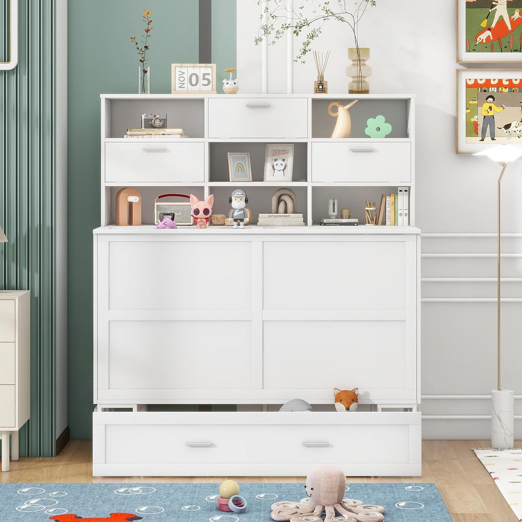 White Queen Murphy Bed Cabinet with Bookcase and Drawer P61752