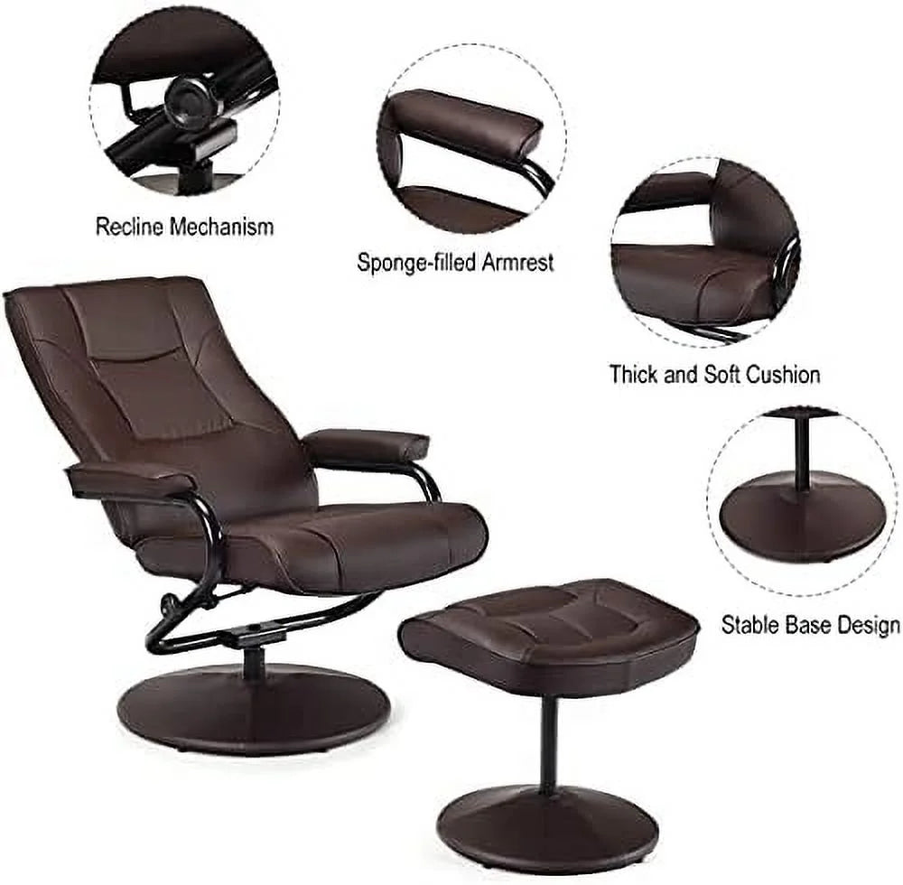 Brown PU Leather Swivel Recliner Chair with Footrest Ottoman Set H17891