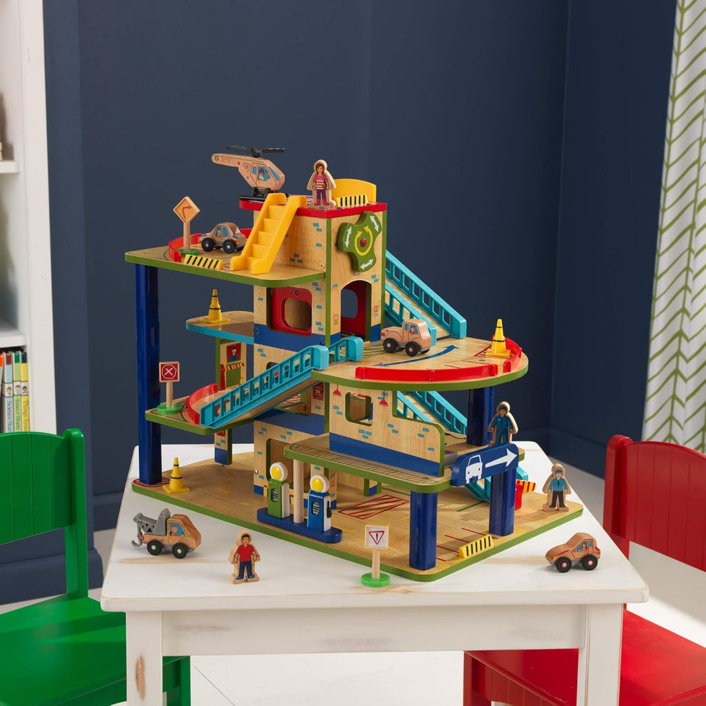 Wooden Car Garage Playset with 19-Piece Accessory Set and Moving Elevator Q263055