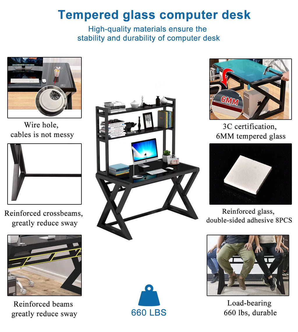 Tempered Glass Computer Desk with Hutch and Shelves H588
