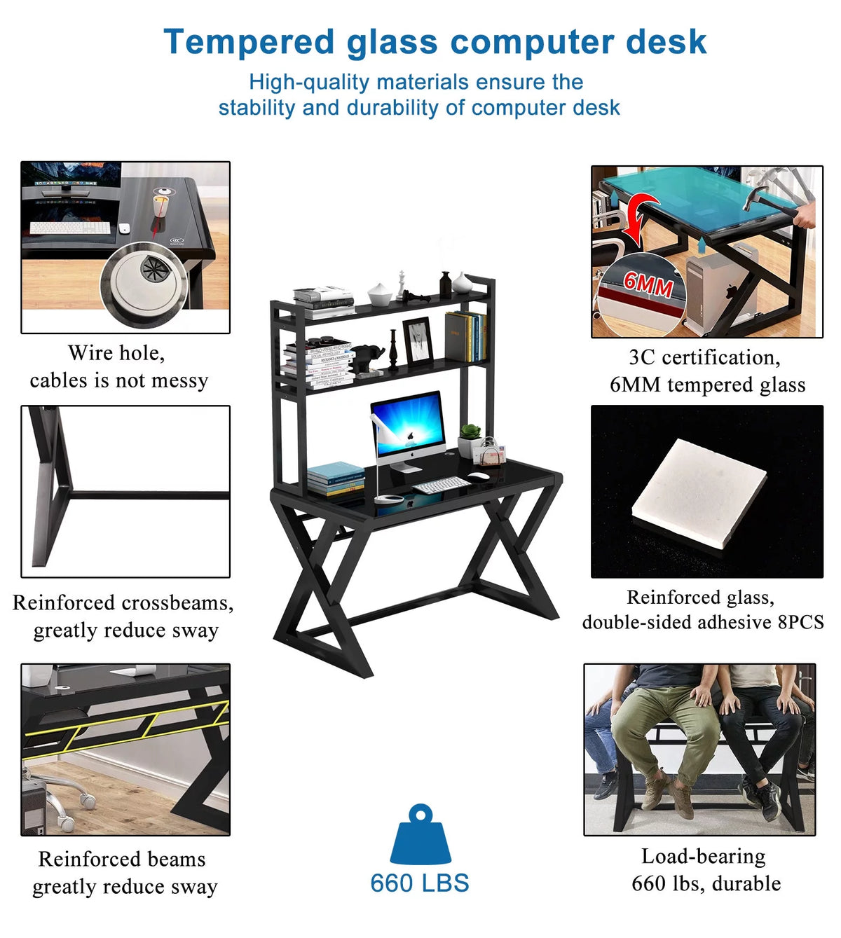 Tempered Glass Computer Desk with Hutch and Shelves H588