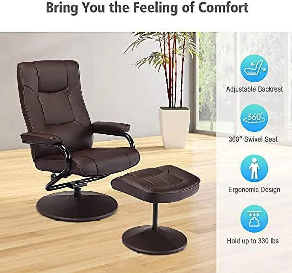 Brown PU Leather Swivel Recliner Chair with Footrest Ottoman Set H17891