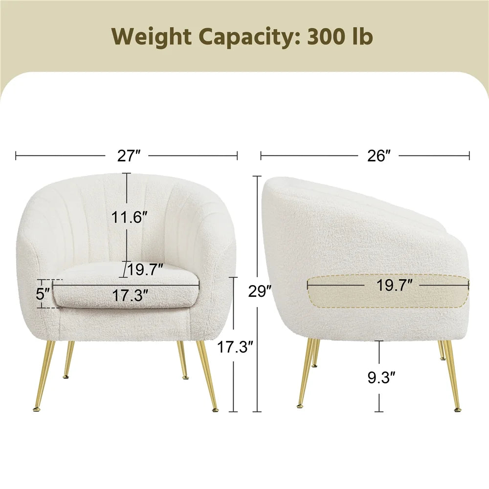 Ivory Tufted Boucle Barrel Accent Armchair with Gold Metal Legs A801713