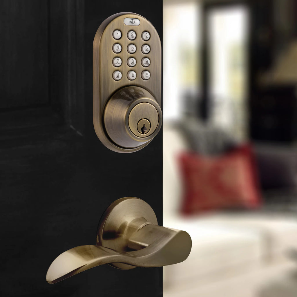 Keyless Entry Deadbolt and Lever Handle Door Lock Combo Pack Antique Brass C67557
