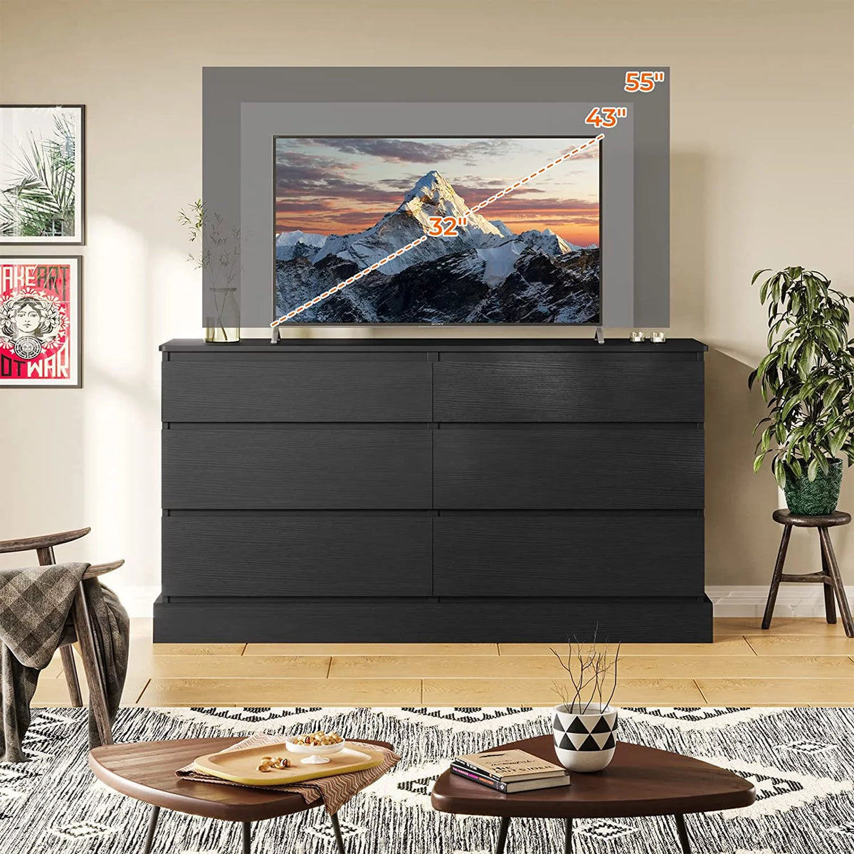 Black 6 Drawer Double Dresser Q49776