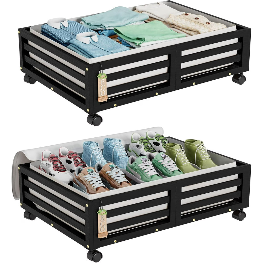 2 Pack Bamboo Under Bed Storage Containers with Wheels K314