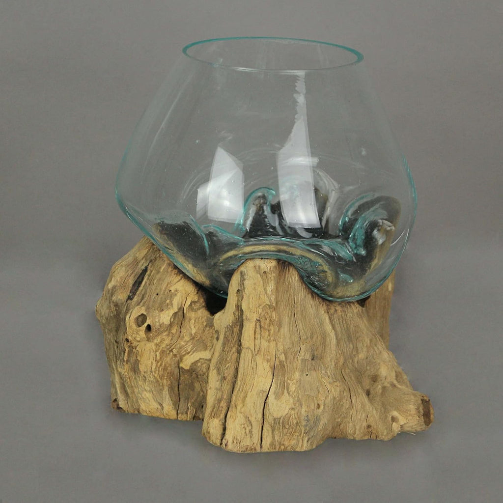 7-Inch Melted Glass and Teak Driftwood Centerpiece Bowl K2558