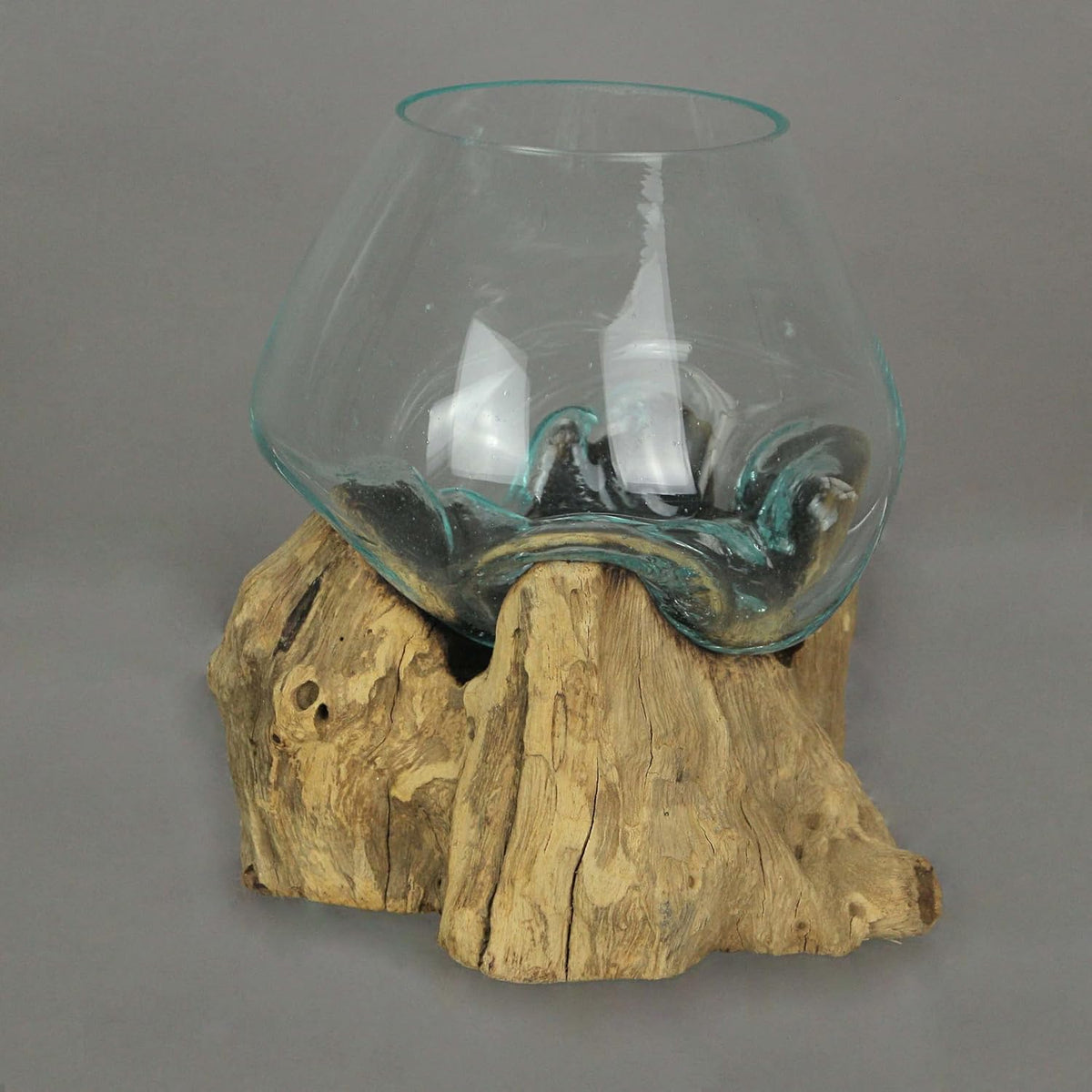 7-Inch Melted Glass and Teak Driftwood Centerpiece Bowl K2558