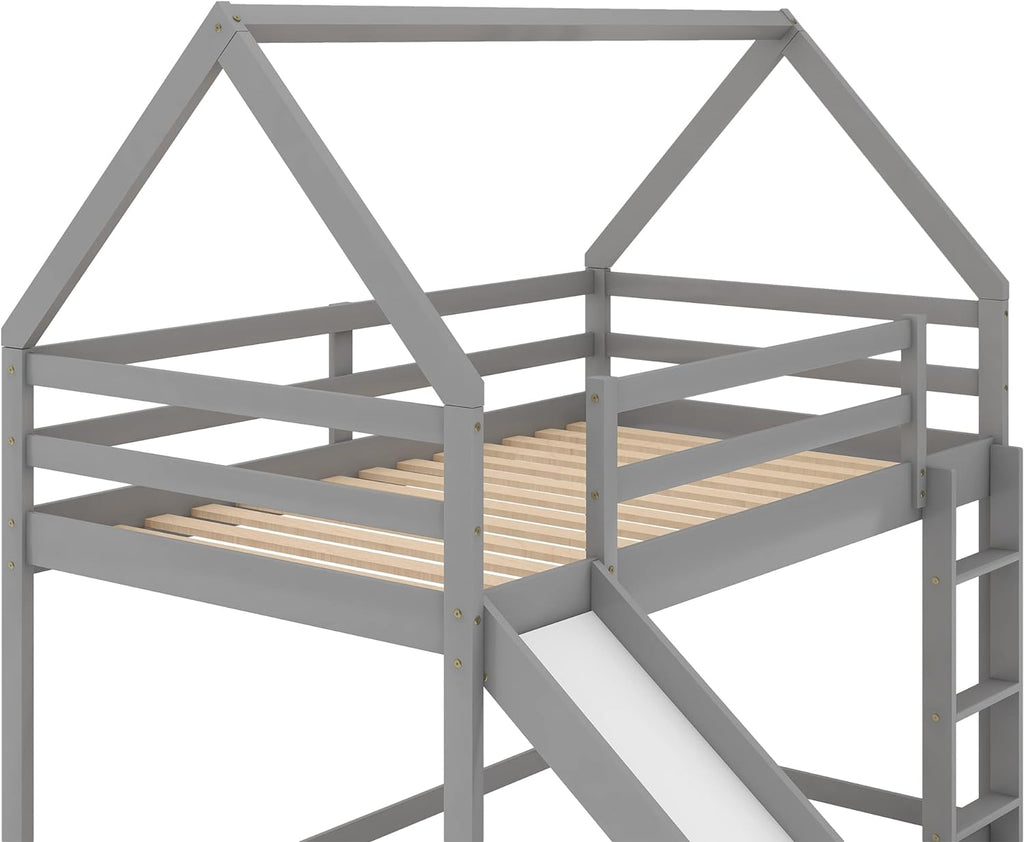 Grey Wood Bunk Bed with Slide and Ladder D358526