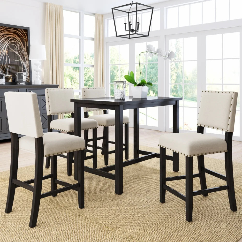 5 Piece Rustic Wooden Counter Height Dining Table Set with 4 Upholstered Chairs J984209