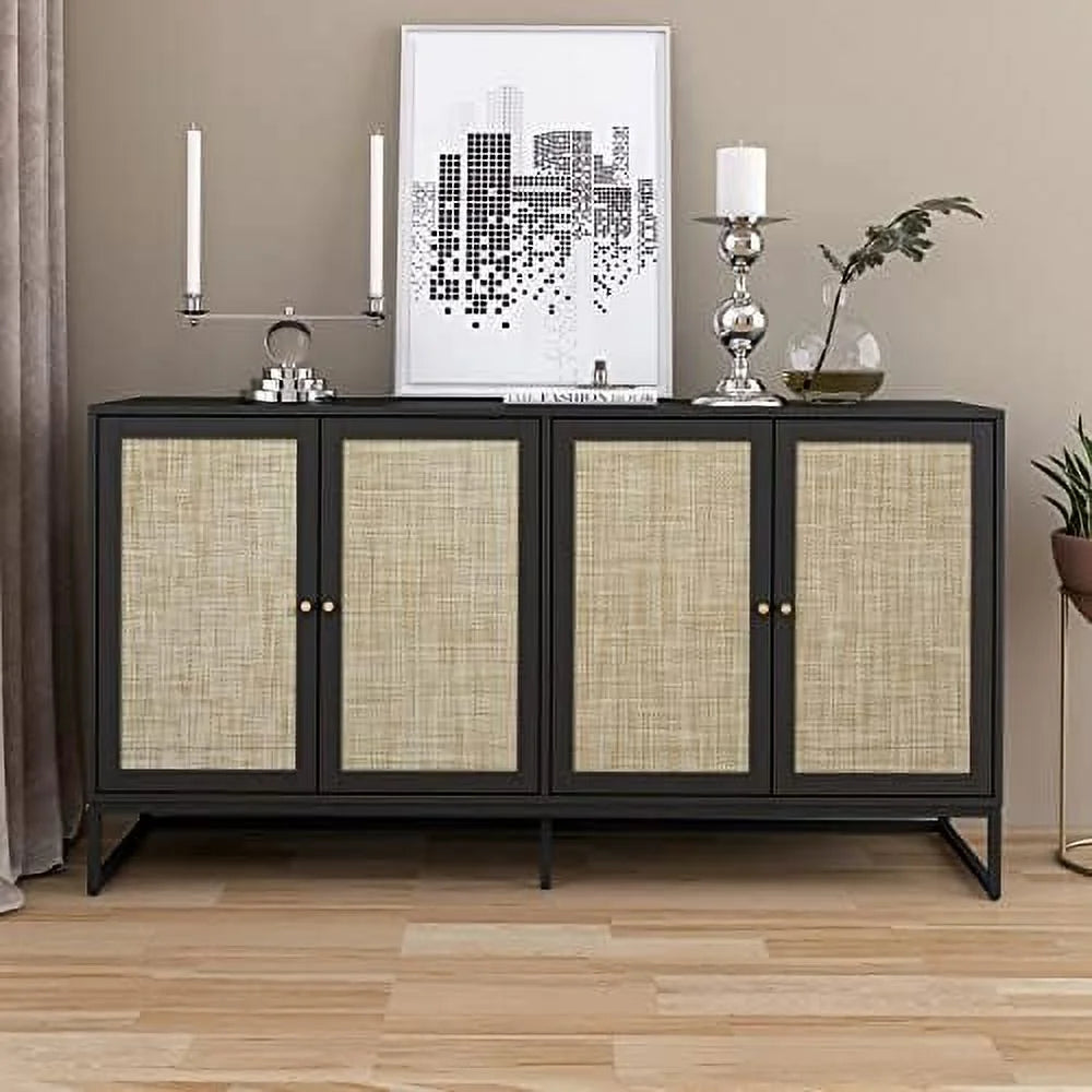 Black Rattan Sideboard Cabinet with Adjustable Shelves F509