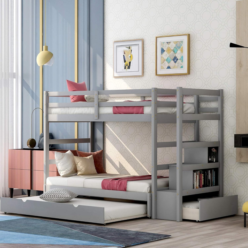 White Twin Over Twin/Full Bunk Bed with Storage Drawers D161