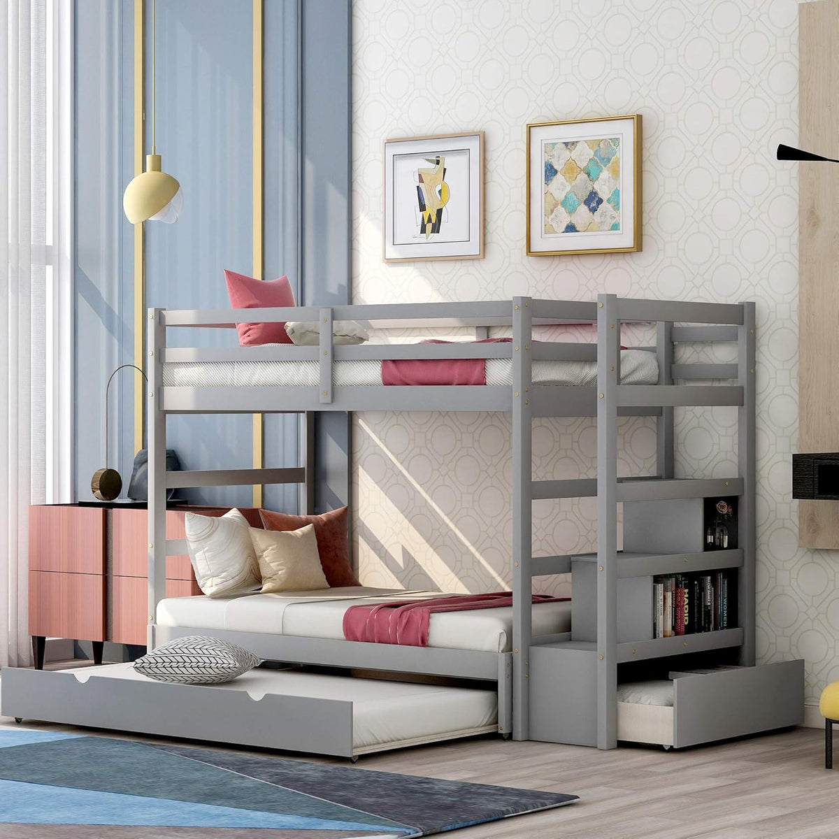 White Twin Over Twin/Full Bunk Bed with Storage Drawers D161