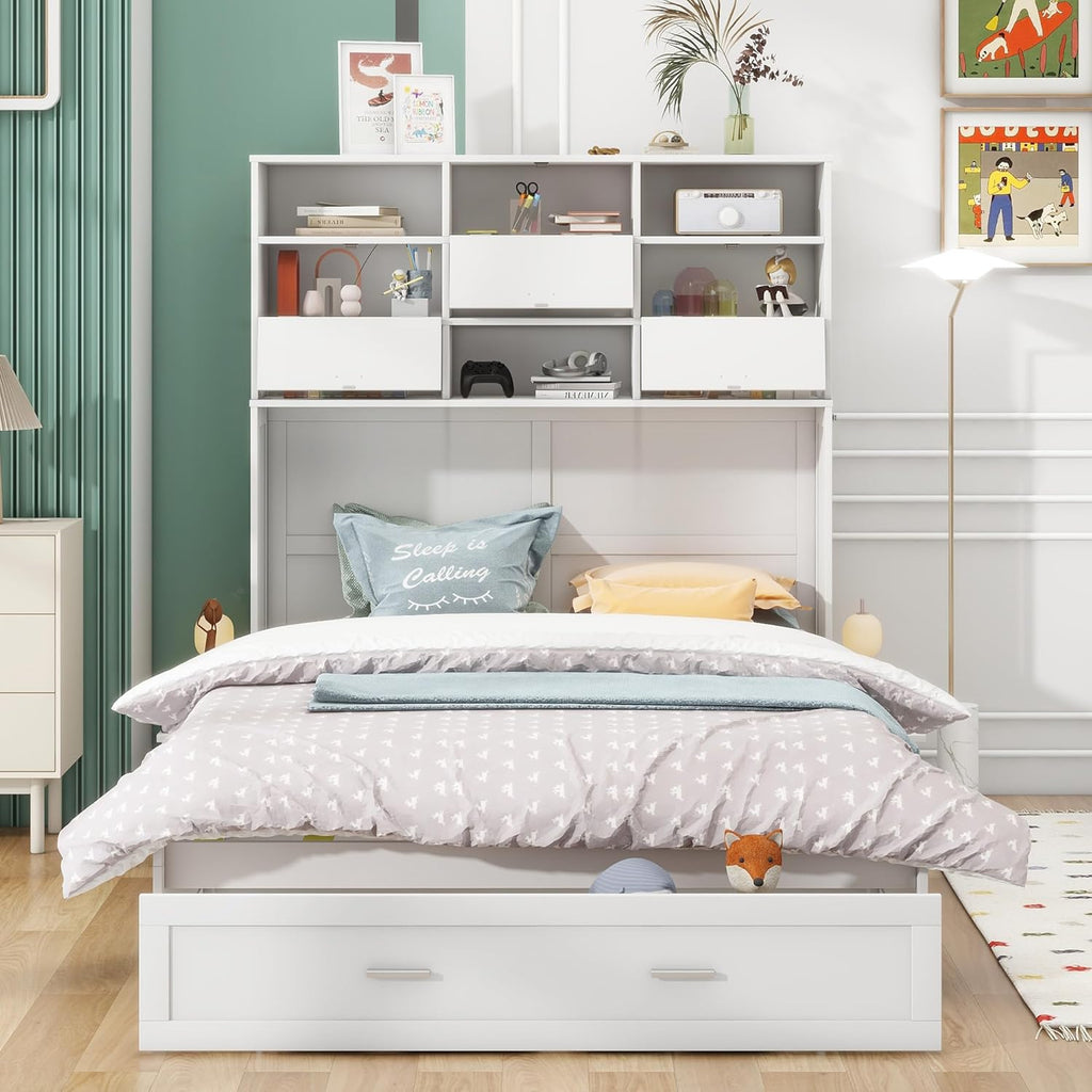 White Queen Murphy Bed Cabinet with Bookcase and Drawer P61752